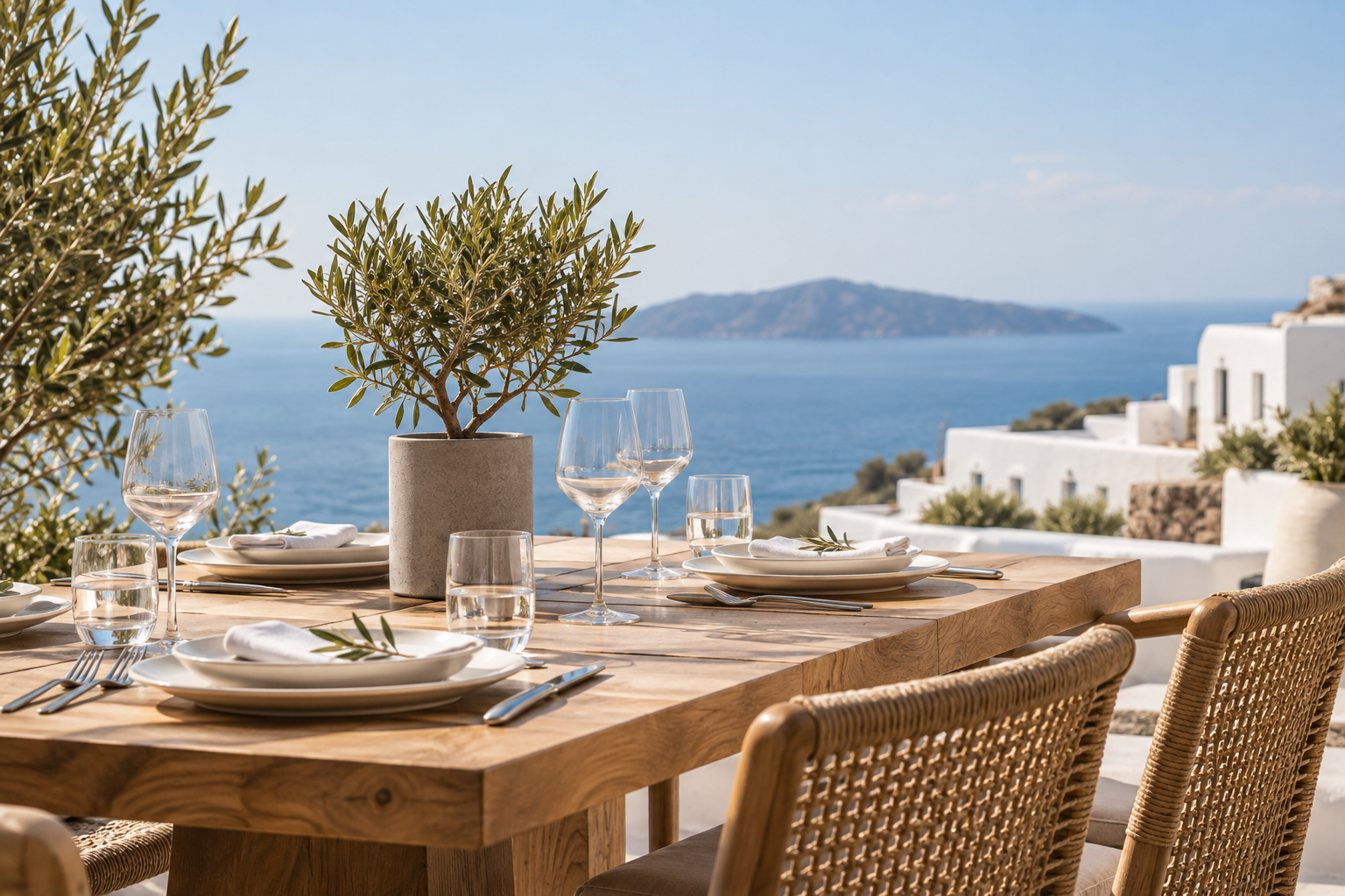 Mediterranean terrace with porcelain tableware and glasses overlooking the sea